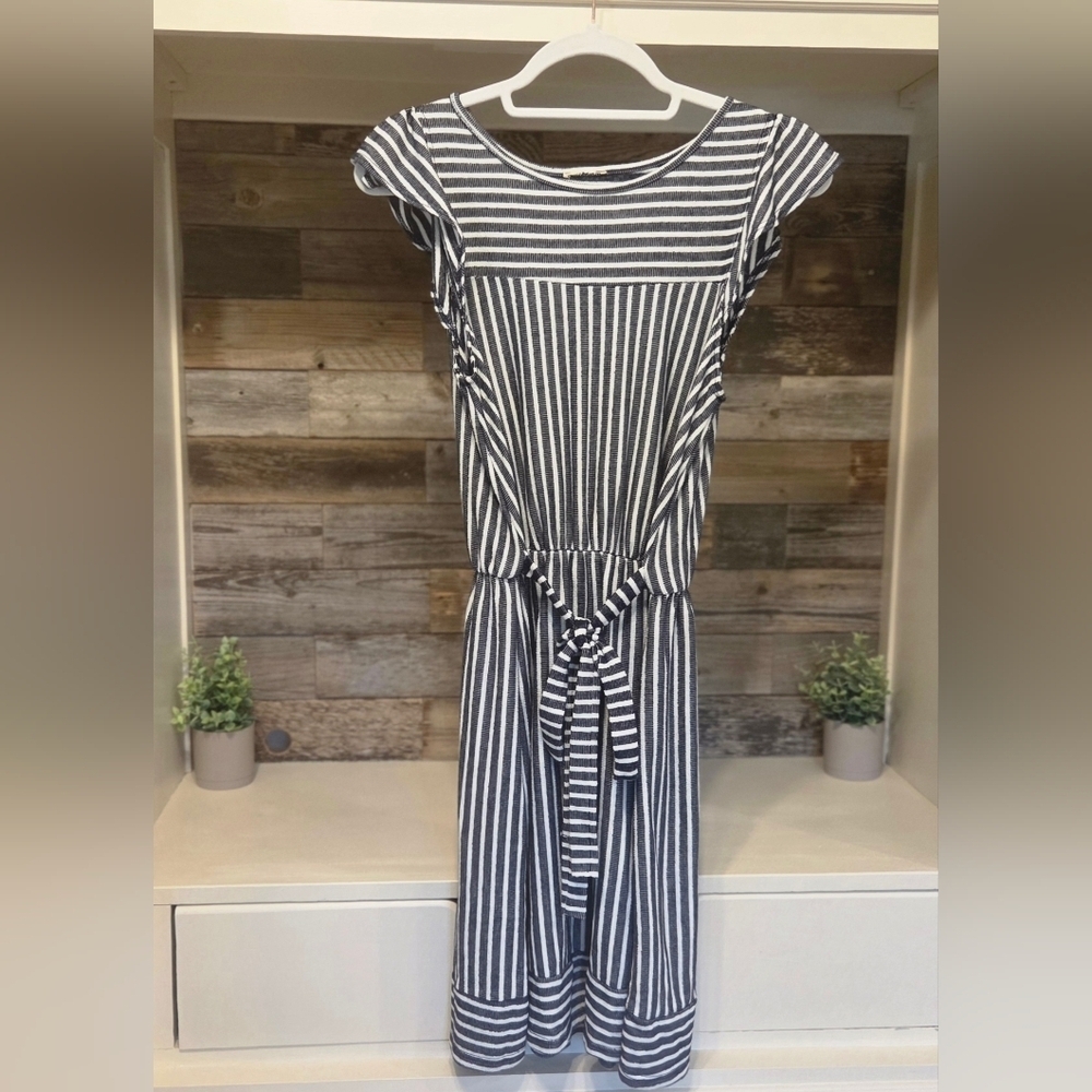 Nautical Striped Navy & White Mini Dress With Ruffled Sleeves & Tie Waist